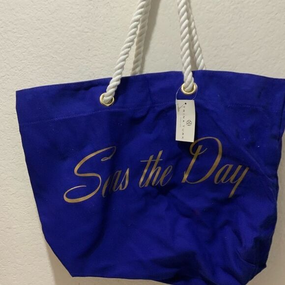 Trina Turk Large Canvas Tote Carryall Beach Bag "Seas the Day" Cobalt Blue NWT - Picture 4 of 12